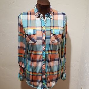 Super soft pretty plaid button up w/ lace accent